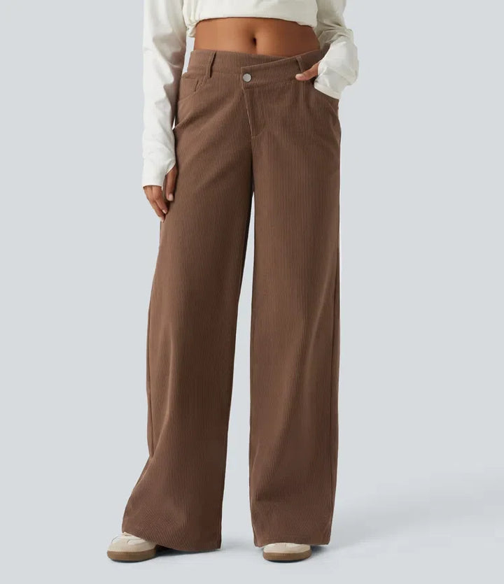 Mid Rise Asymmetric Wide Leg Corduroy Casual Trousers with Pockets