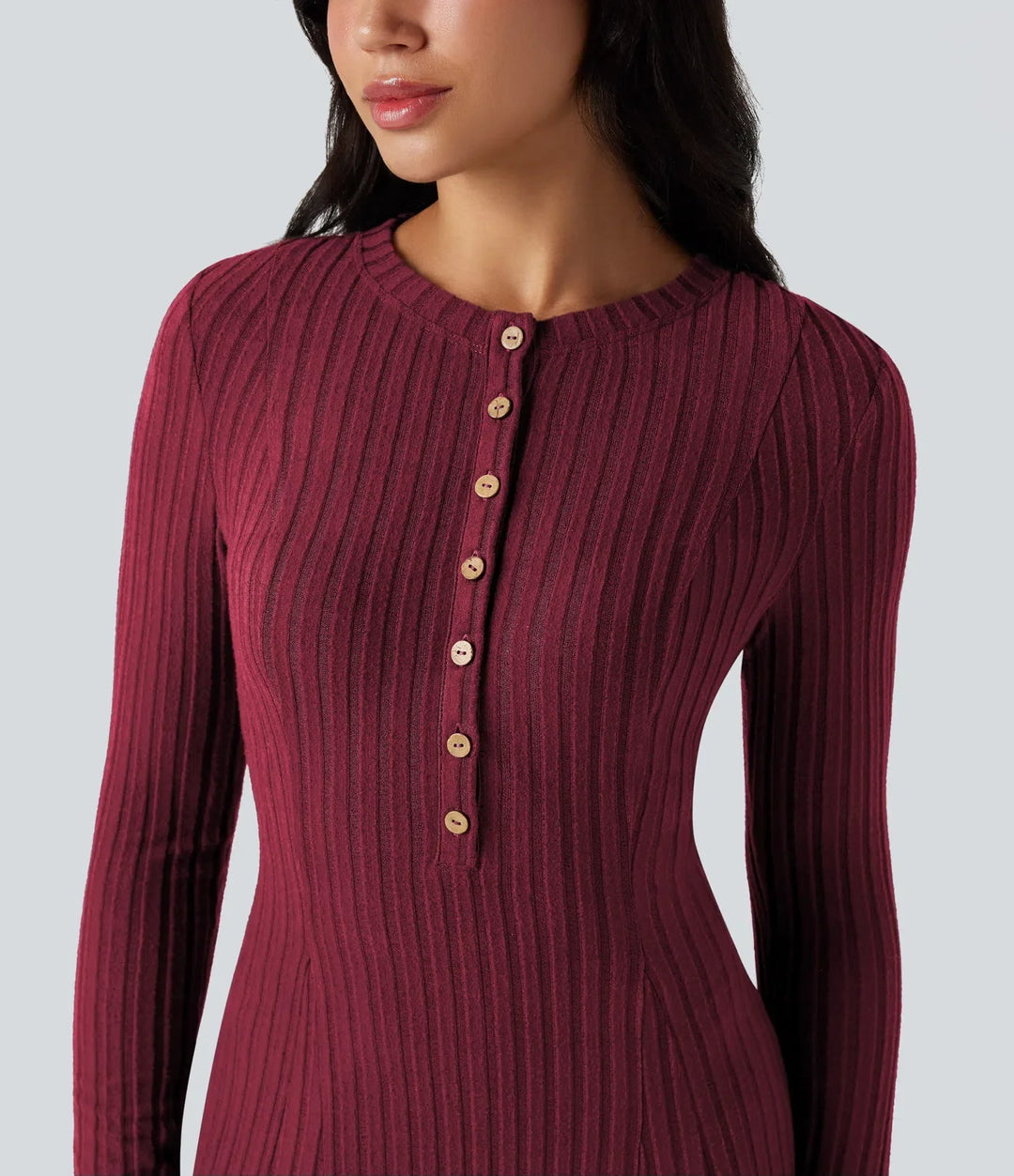 Ribbed Knit Henley Neck Long Sleeve Flowy Maxi Casual Dress