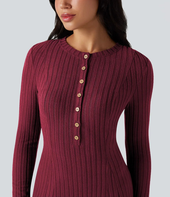 Ribbed Knit Henley Neck Long Sleeve Flowy Maxi Casual Dress