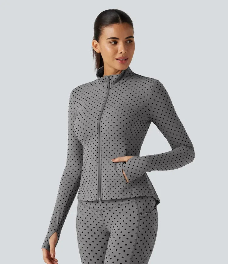 Halara UltraSculpt Stand Collar Long Sleeve Thumb Hole Pleated Polka Dot Yoga Jacket with Pockets