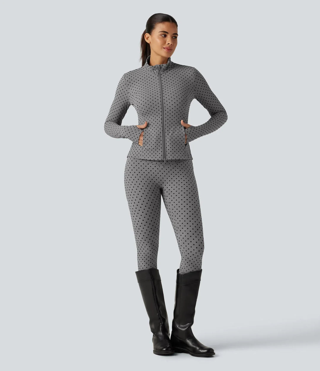 Halara UltraSculpt Stand Collar Long Sleeve Thumb Hole Pleated Polka Dot Yoga Jacket with Pockets