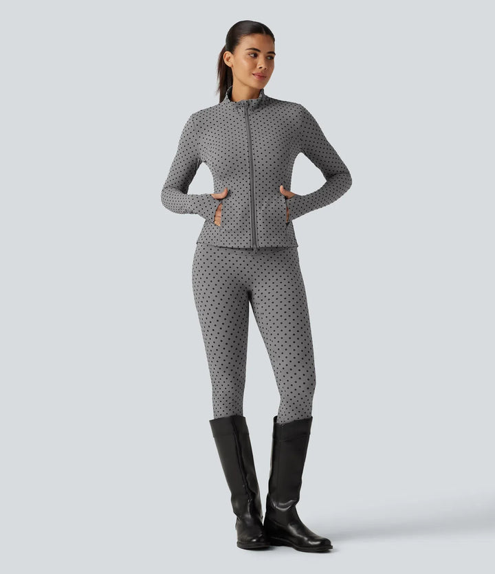 Halara UltraSculpt Stand Collar Long Sleeve Thumb Hole Pleated Polka Dot Yoga Jacket with Pockets