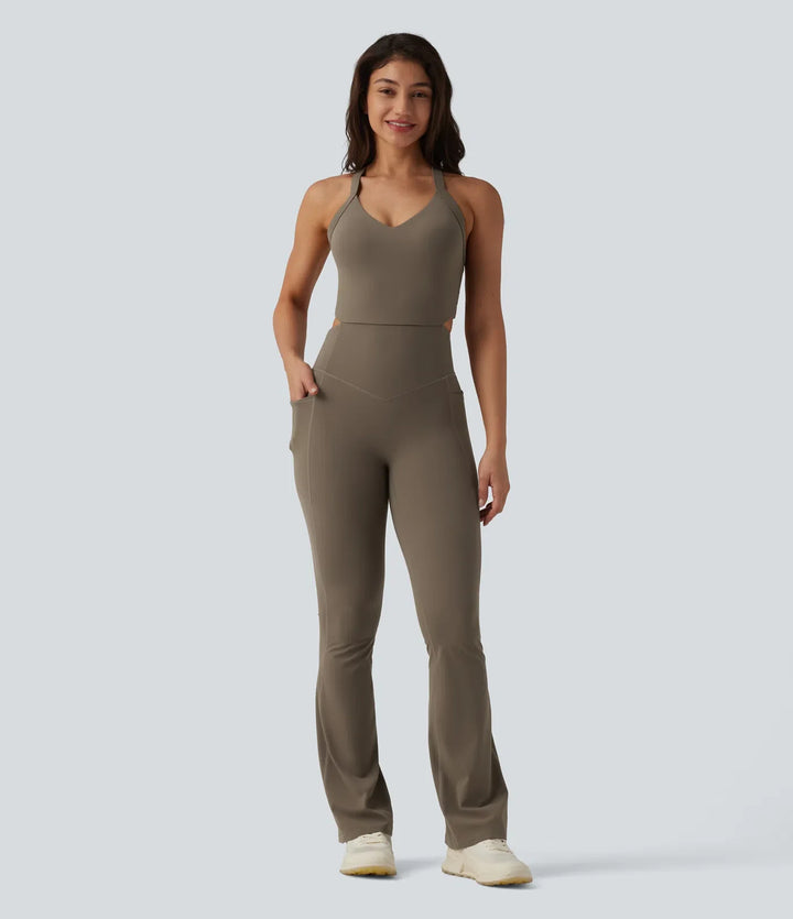Halara UltraSculpt Twisted Backless Tummy Control Butt Lifting Bootcut Workout Jumpsuit with Pockets-Easy Peezy Edition