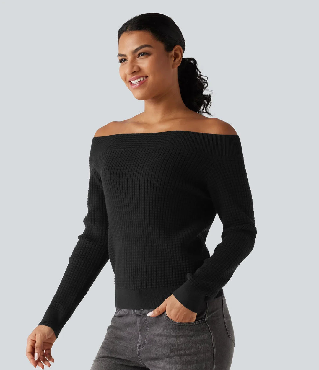 Off Shoulder Long Sleeve Casual Wool-Blend Jumper