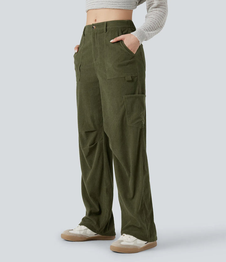 High Waisted Straight Leg Corduroy Casual Trousers with Pockets