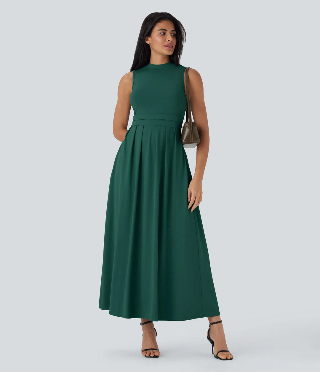 Stand Collar Sleeveless Flare Maxi Casual Dress with Side Pockets