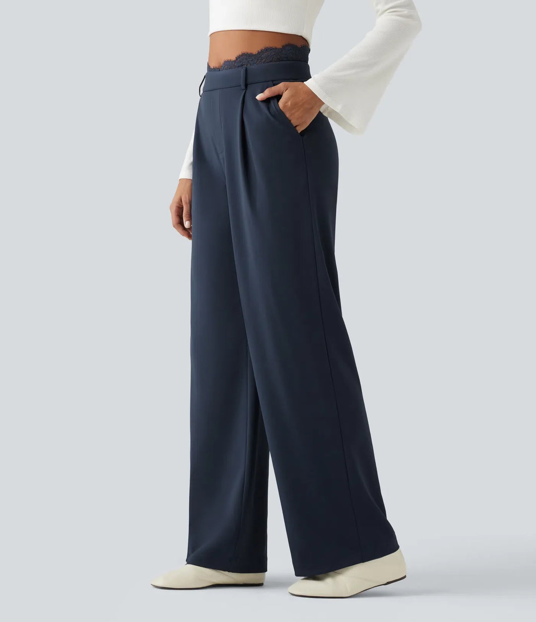 Halara Flex High Waisted Contrast Lace Straight Leg Work Trousers with Pockets
