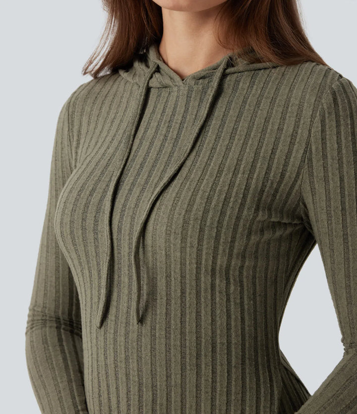 Ribbed Knit Hooded Drawstring Long Sleeve Mini Fleece Casual Dress