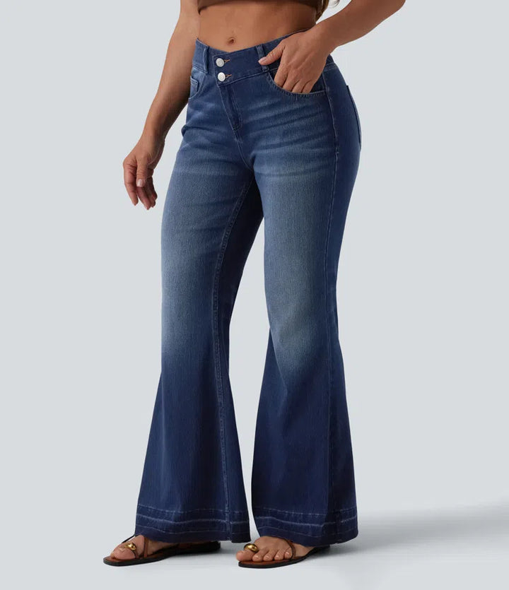 Halara Flex Asymmetric Mid Rise Casual Flare Jeans with Pockets