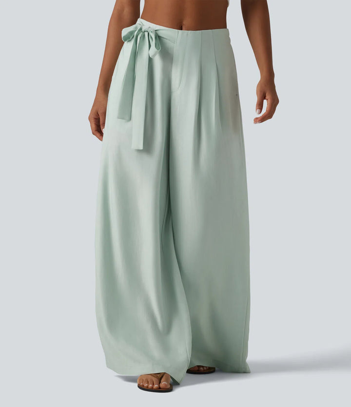 High Waisted Tie Side Baggy Linen-Blend trousers with Pockets