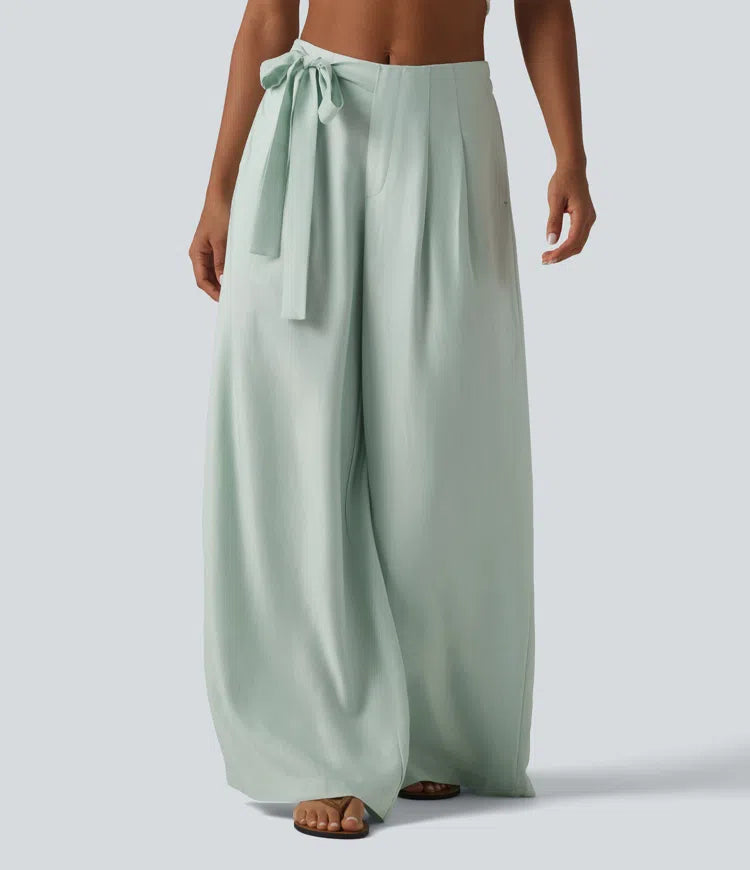 High Waisted Tie Side Baggy Linen-Blend trousers with Pockets