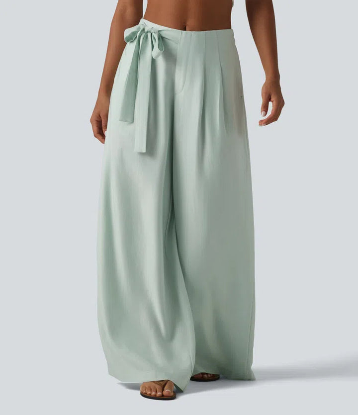 High Waisted Tie Side Baggy Linen-Blend trousers with Pockets