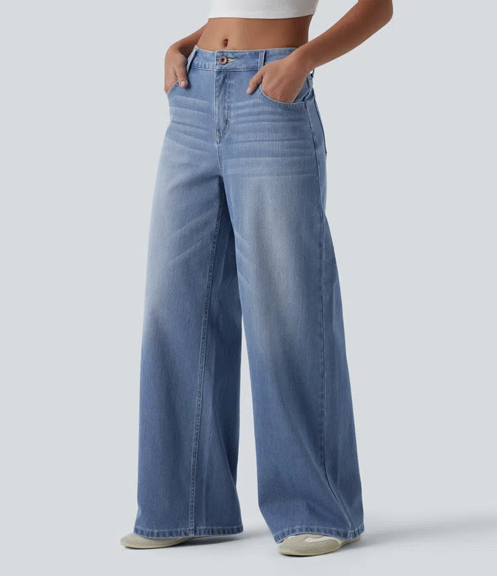 Halara Flex Mid Rise Washed Baggy Wide Leg Casual Jeans with Pockets