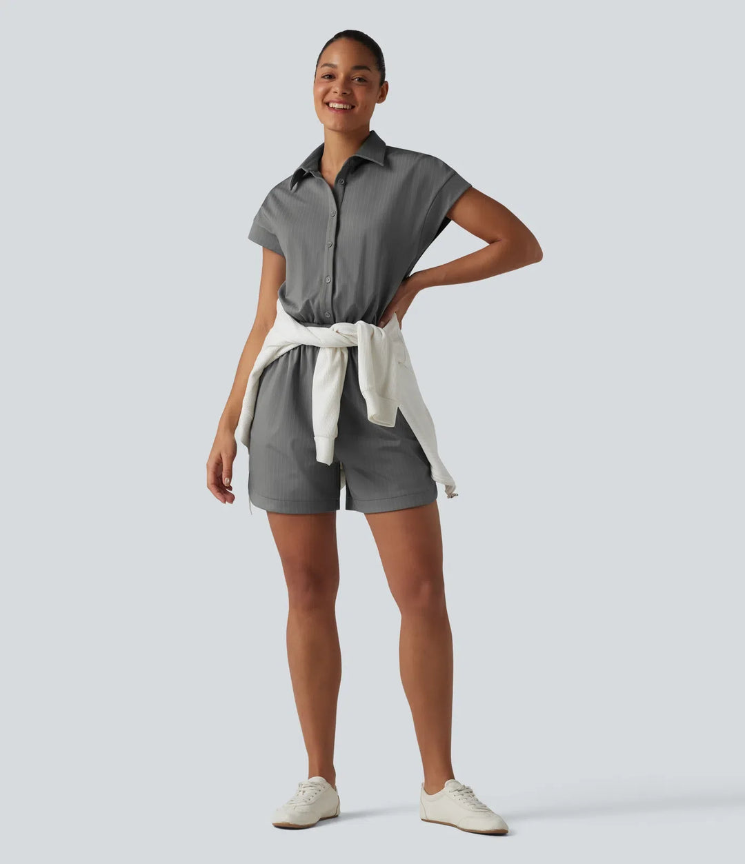 Short Sleeve Stripe Casual Shirt Romper with Pockets-Easy Peezy Edition