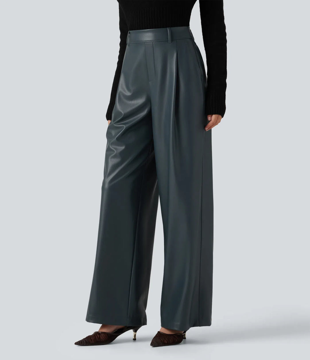 High Waisted Wide Leg Stretchy PU Fleece Casual Trousers with Pockets