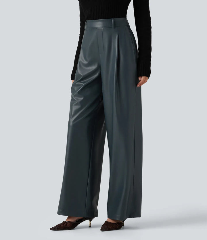 High Waisted Wide Leg Stretchy PU Fleece Casual Trousers with Pockets