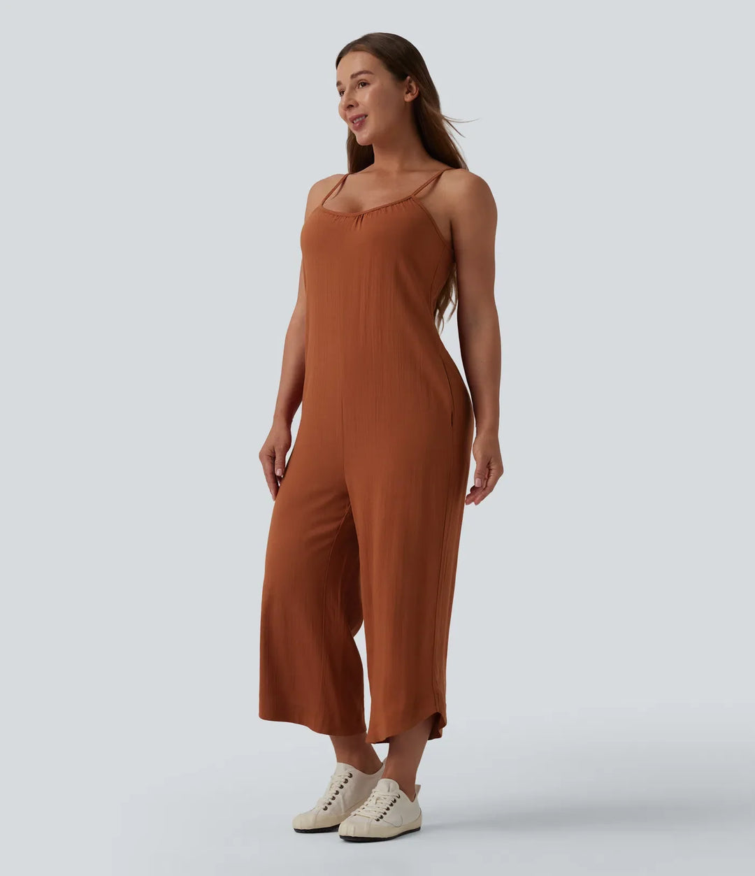 Wide Leg Casual Linen-Feel Slip Jumpsuit with Pockets