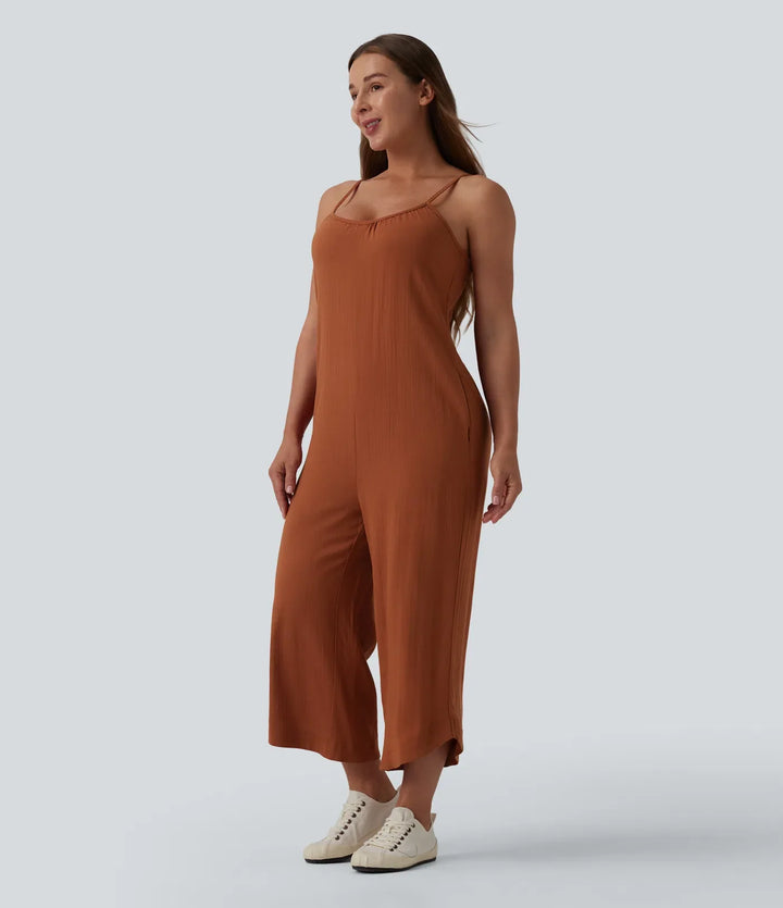 Wide Leg Casual Linen-Feel Slip Jumpsuit with Pockets