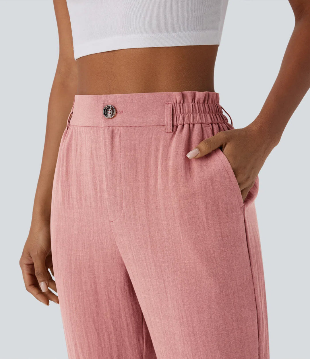 High Waisted Zipper Pocket Cropped Linen-Feel Trousers