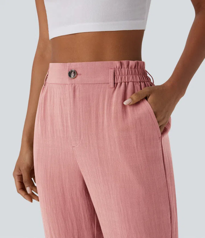 High Waisted Zipper Pocket Cropped Linen-Feel Trousers
