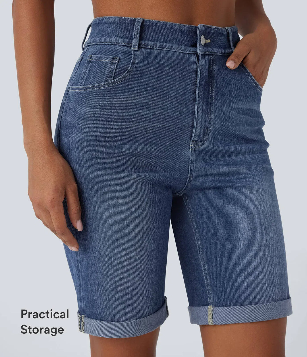 Halara Flex High Waisted Pockets Rolled Hem Washed Denim Casual Bermuda Shorts