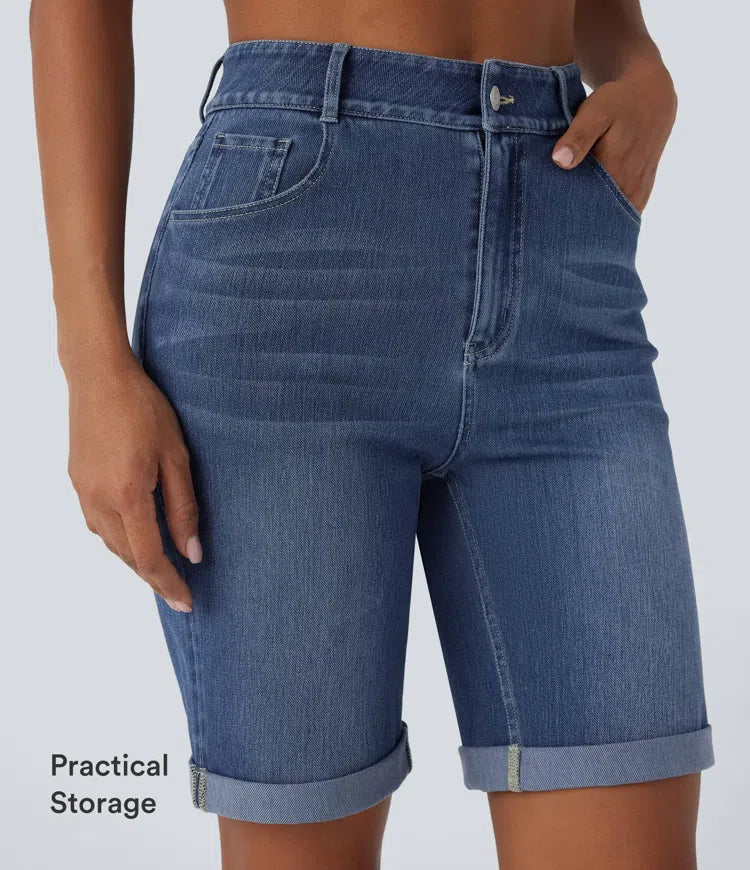 Halara Flex High Waisted Pockets Rolled Hem Washed Denim Casual Bermuda Shorts