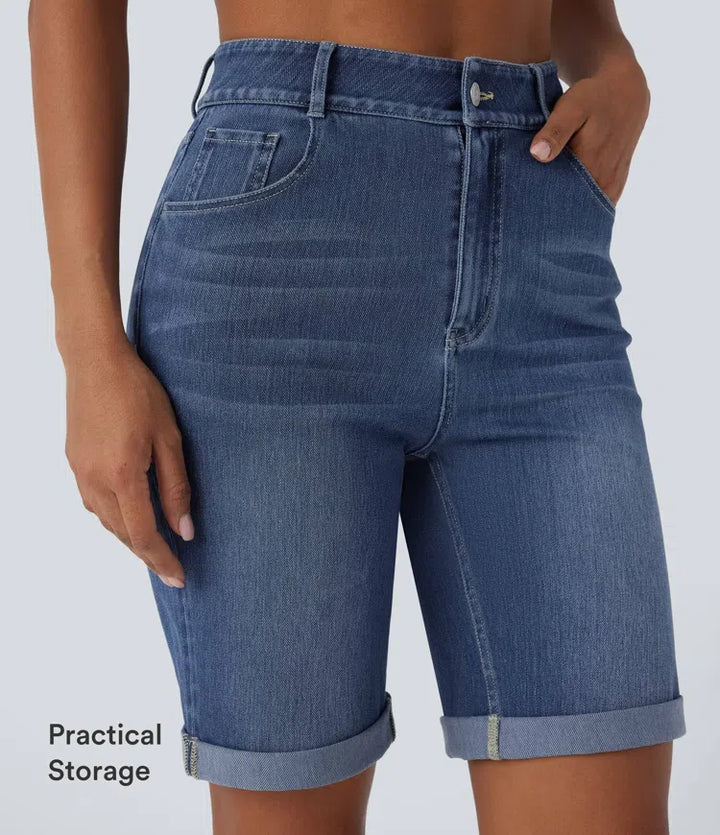 Halara Flex High Waisted Pockets Rolled Hem Washed Denim Casual Bermuda Shorts