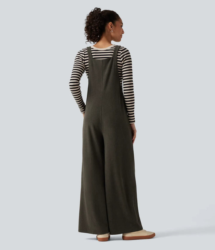 Square Neck Baggy Corduroy Casual Overalls with Pockets