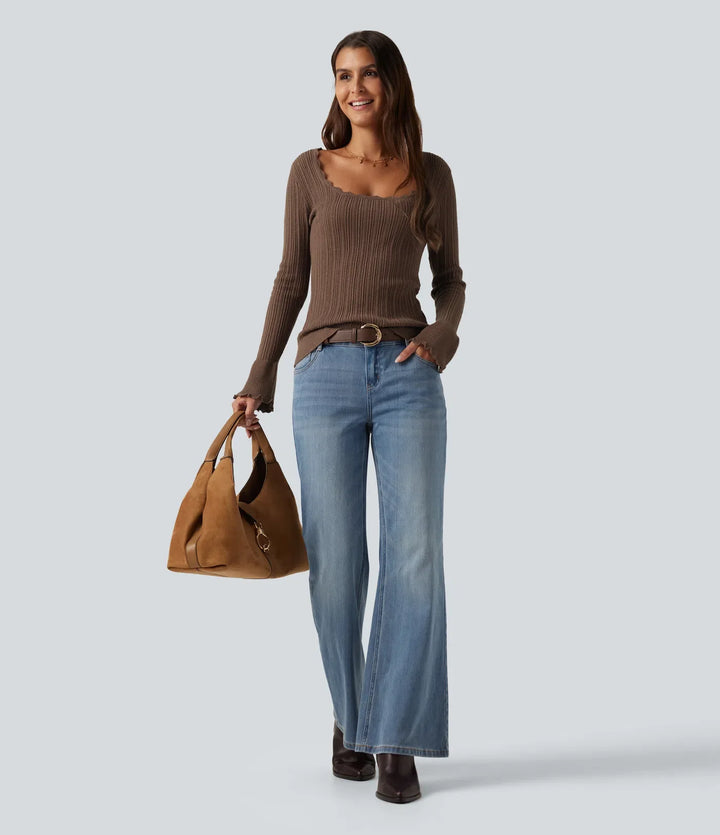 Square Neck Long Sleeve Casual Jumper