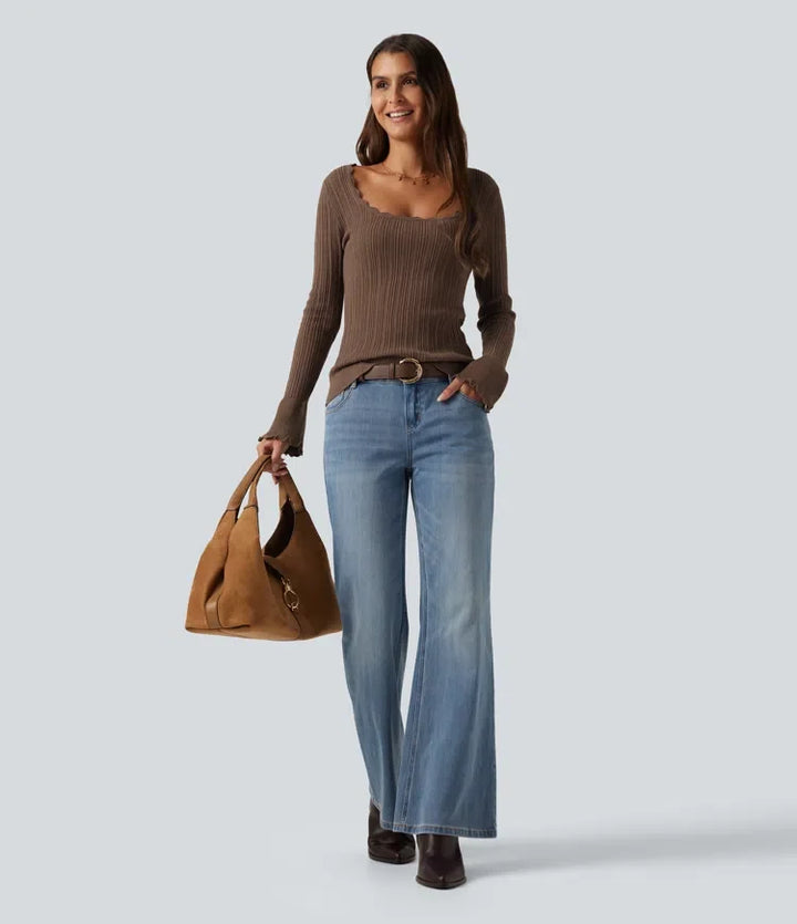 Square Neck Long Sleeve Casual Jumper