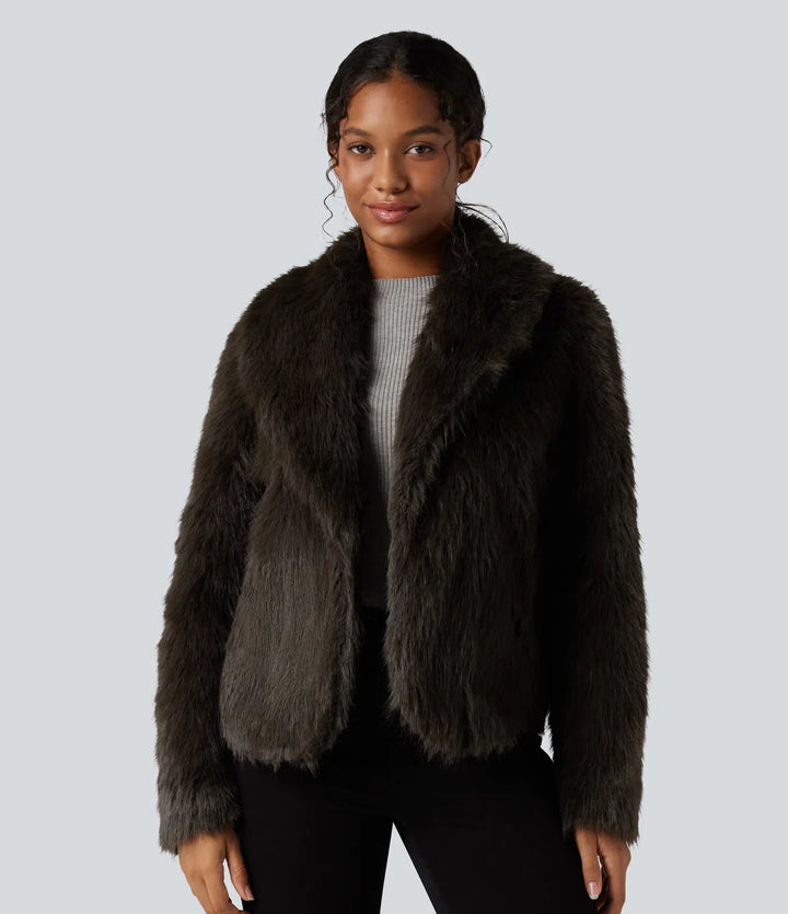 Lapel Long Sleeve Casual Faux Fur Coat with Pockets