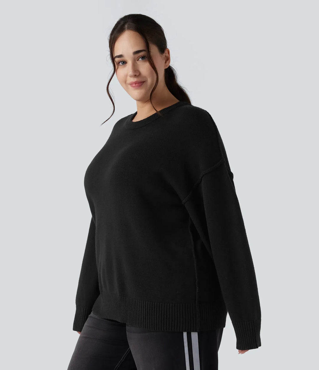 Round Neck Dropped Shoulder Long Sleeve Casual Plus Size Jumper