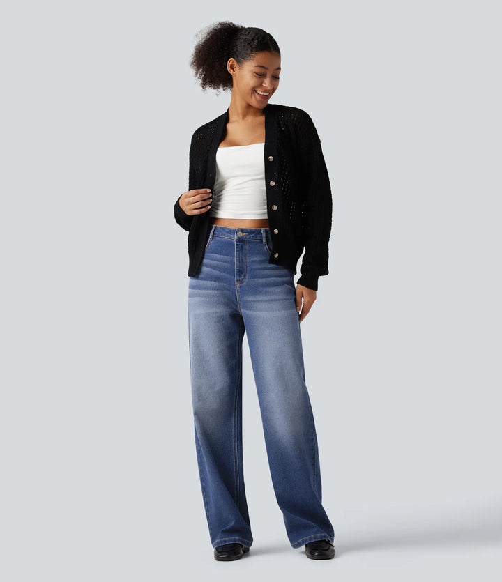 High Waisted Straight Leg Casual Jeans with Pockets