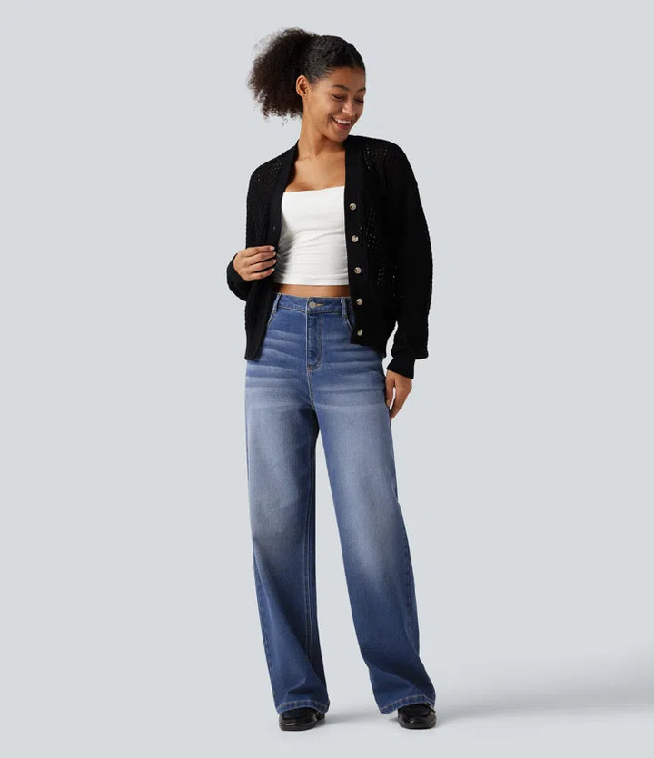 High Waisted Straight Leg Casual Jeans with Pockets