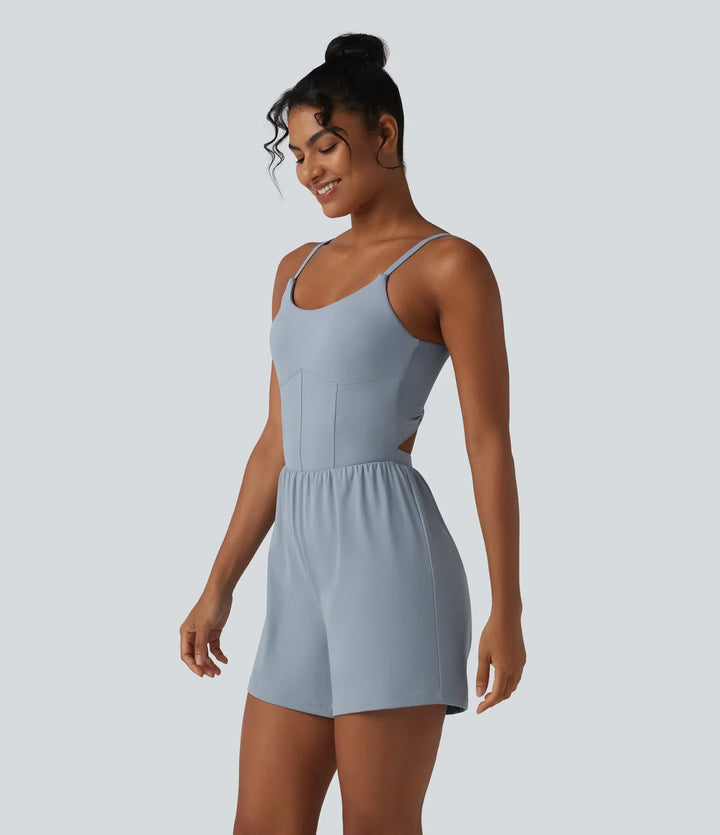 SoftlyZero Airy Twisted Backless Adjustable Straps 2-in-1 Built-in Bra InstantCool Yoga Romper with Pocket-Easy Peezy