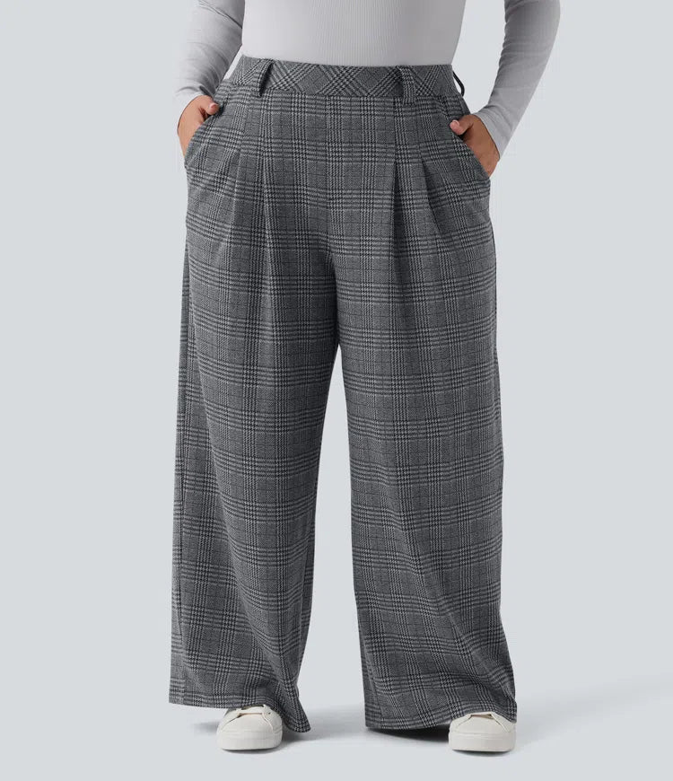 Plus Size High Waisted Wide Leg Houndstooth Plaid Casual Trousers with Pockets