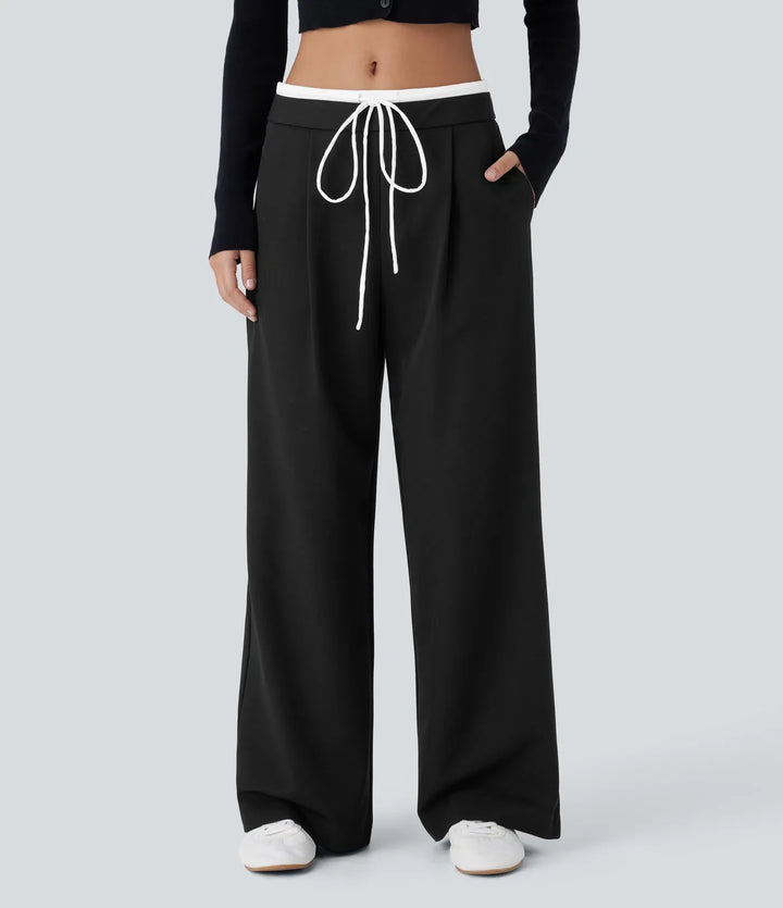 Double-Layer Color Block Low Rise Drawstring Pocket Wide Leg Casual Trousers