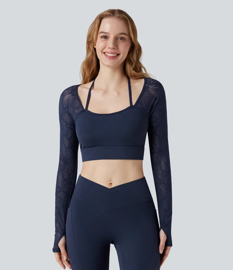 SoftlyZero Contrast Lace Halter Long Sleeve Thumb Holes Cropped Yoga Top