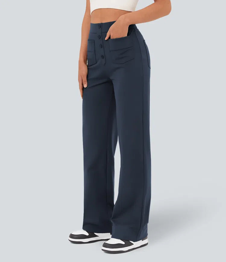 DayStretch High Waisted Pockets Straight Leg Casual Trousers