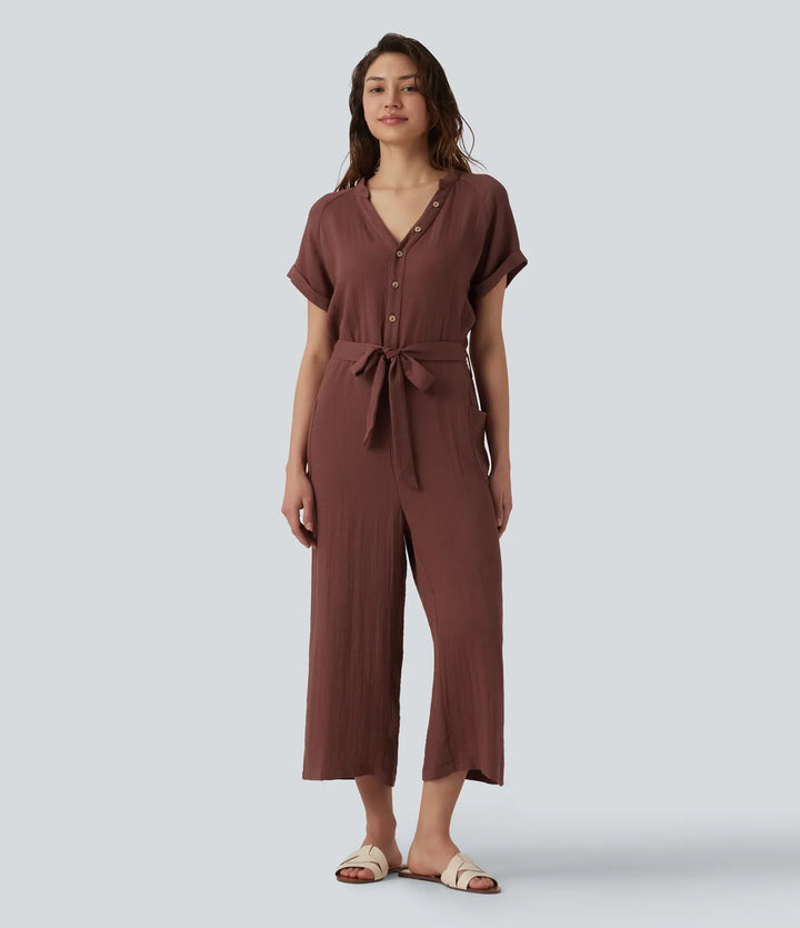 V-neck Short Sleeve Belted Cropped Casual Baggy Jumpsuit with Pockets