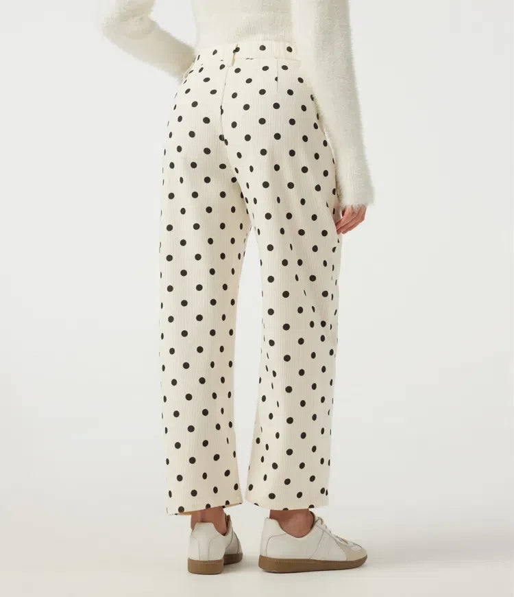 Mid Rise Barrel Leg Polka Dot Corduroy Casual Trousers with Pockets