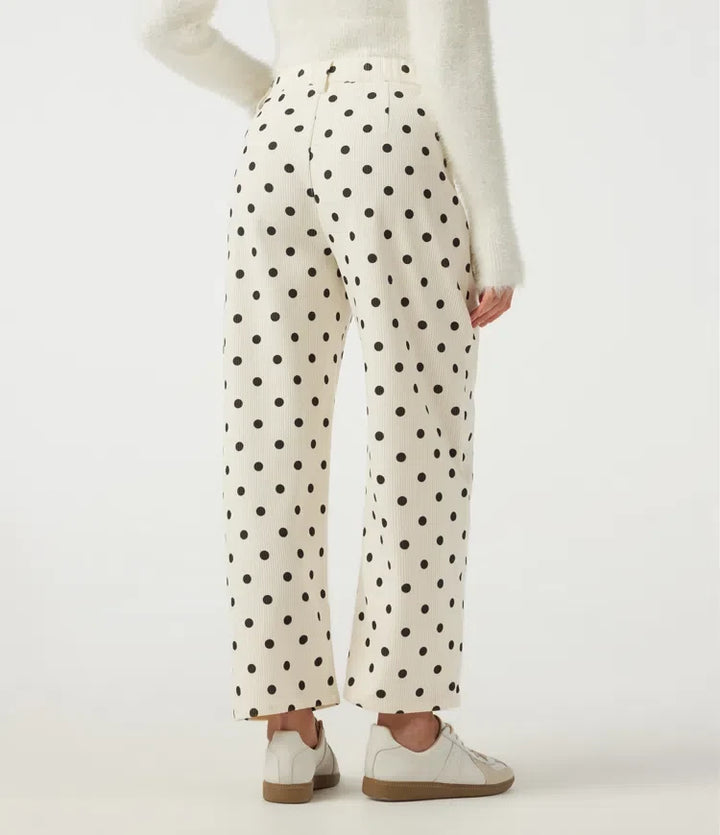 Mid Rise Barrel Leg Polka Dot Corduroy Casual Trousers with Pockets