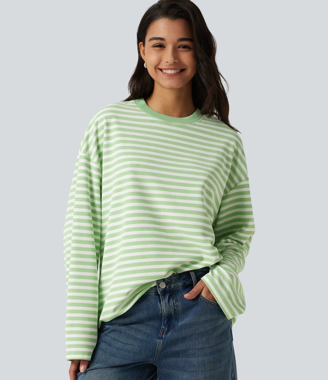Round Neck Long Sleeve Stripe Waffle Casual Top
