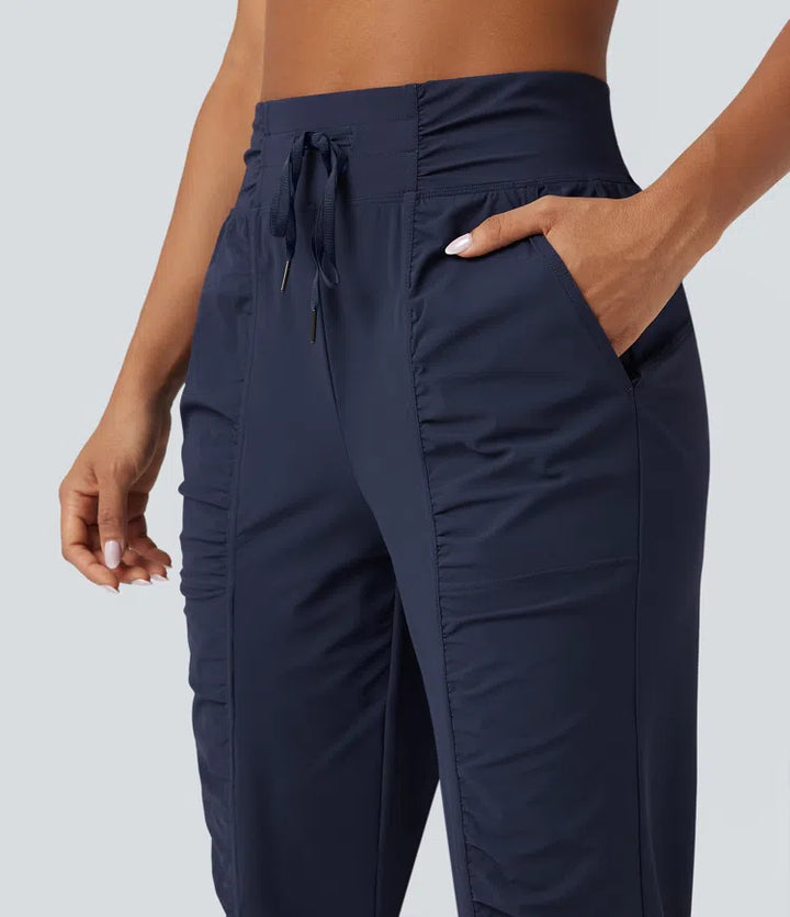 High Waisted Drawstring Ruched Tapered Quick Dry InstantCool Dance Joggers with Pockets-UPF40+