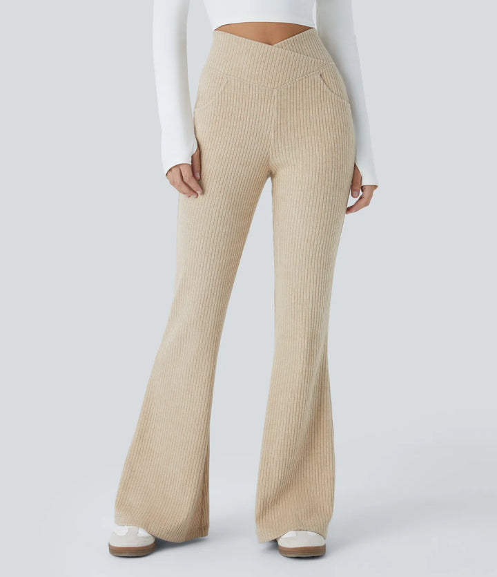 Ribbed Knit Crossover High Waisted Pocket Casual Flare Trousers