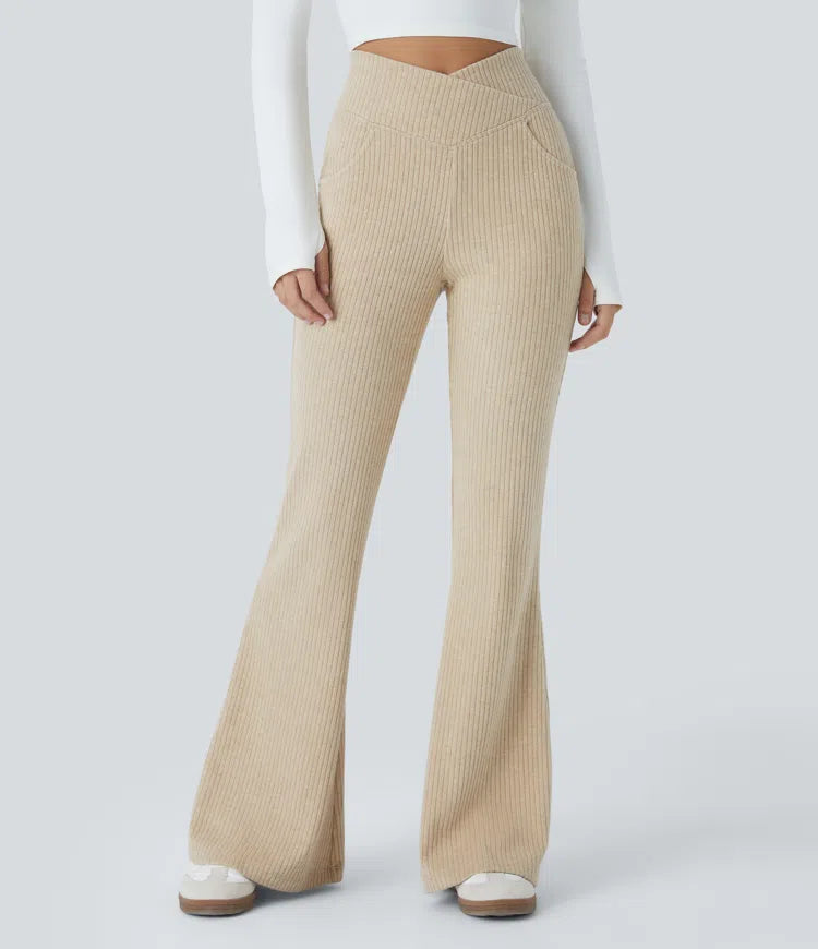 Ribbed Knit Crossover High Waisted Pocket Casual Flare Trousers
