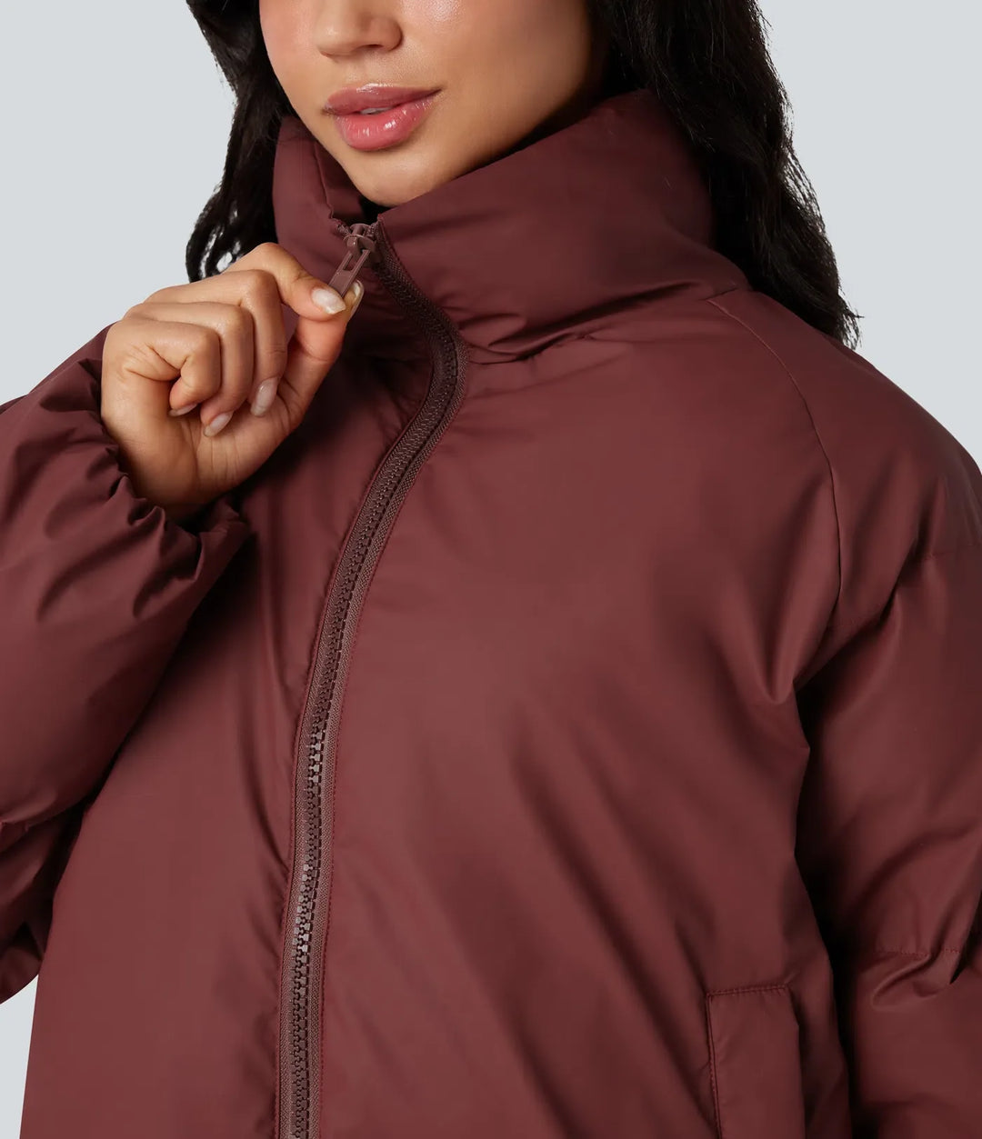 High-neck Drawstring Hem Oversize Casual Puffer Jacket with Pockets