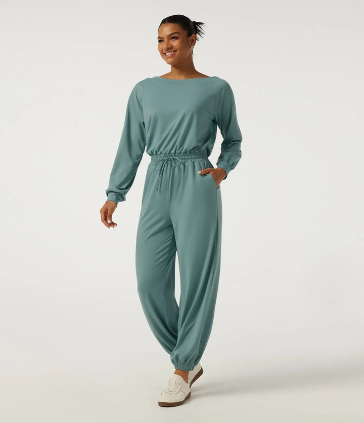 One Shoulder Long Sleeve Drawstring Casual Jumpsuit with Pockets - Easy Peezy Edition