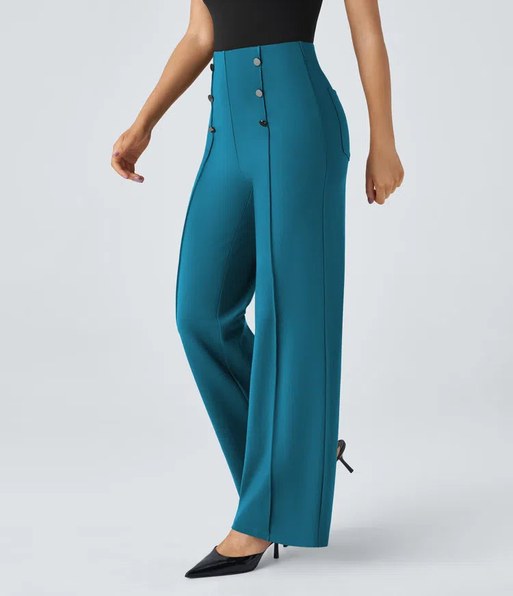 High Waisted Button Pocket Wide Leg Work Trousers