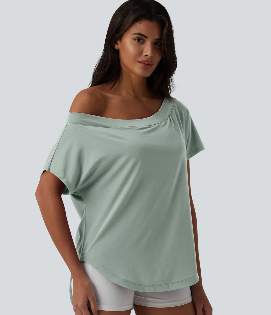 One Shoulder Short Sleeve Curved Hem High Low Quick Dry Yoga Sports Top-Built-in Bra